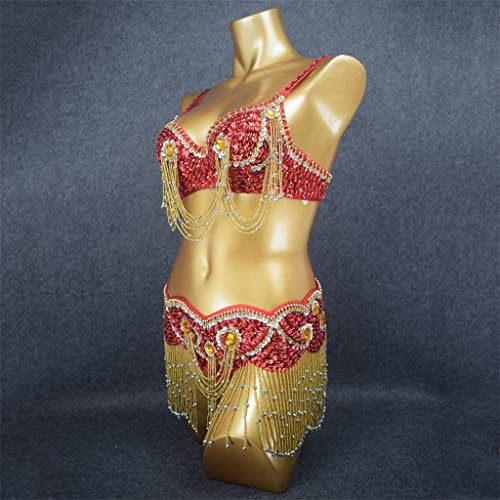 KLHHG Сутиен с пискюли, пайети и пояс, Женски костюм за танци, Вечерни, ръчно Бродирани мъниста, Дрехи за танцуване на Самба (Цвят: червен, размер: един размер)