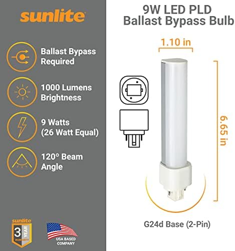 Led лампа Sunlite 88299-СУ PLD с хоризонтална връзка, 9 W (еквивалент на 26 W), 1000 Лумена, 2-за контакти основа (G24D), подмяна на балластного байпаса КФЛ е в списъка на UL, 4000K - Студено бяло, 1 опаковка
