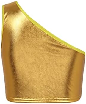 Jugaoge / Детски Блестящи Метални Спортни Блузи за момичета, съкратен Блузи с едно рамо, Без Ръкави, Спортна Жилетка, Танцови Върхове, Злато, 5-6 Години