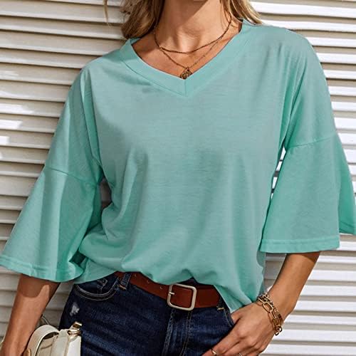 Блуза, Риза за Жени 2023 С Къс Ръкав-Клеш и Дълбоко V-образно деколте, От Памук Свободно Намаляване на Основните Риза за Късна закуска PW