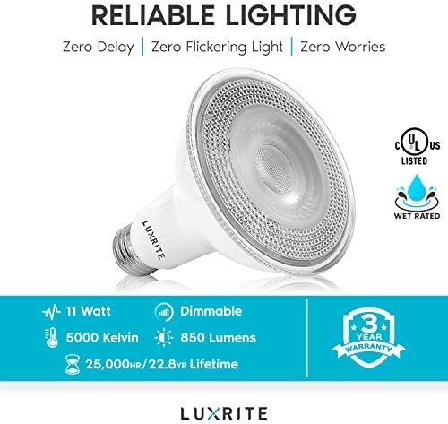 LUXRITE 4 Бр. Led Прожекторная лампа PAR30, еквивалент на 75 W, 5000 До Ярко-бяло, 850 Лумена, 11 W, с регулируема яркост, Лампа за вътрешно и външно осветление, Предназначена за влажност на въздуха, Стандартната основа