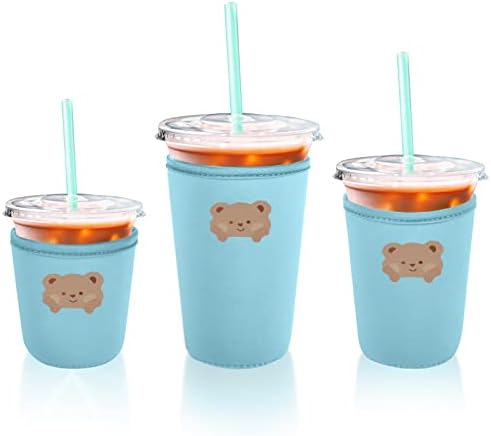 Ръкави за кафе с лед Fycyko (3 броя), за многократна употреба изолатор за чаши със студени и топли напитки -Неопреновый ръкав за кафе напитки с лед с шарени хубава Мечка, е съвместим със Старбъкс Dunkin Макдоналдс More-Син