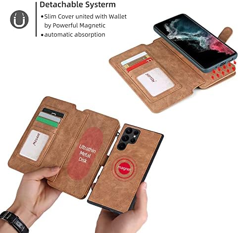Съвместим с Samsung Galaxy S22 Ултра Кожен калъф-портфейл с 14 притежателите на карти, Флип калъф-джобен формат 2 в 1, Магнитен Подвижна Кожена чанта-портфейл, устойчив на уда?