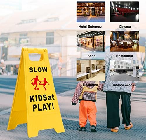 Знаци Бавни децата играят, 2 комплекта знаци за безопасност Деца играят, Текст и графики по-лесно да се идентифицират, Жълти Двустранни знаци за училища, улици, квартали, паркове, детски градини, тротоари, пътища