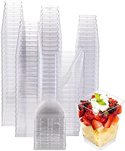 Пластмасови Десертни Чаши WOPPLXY 100 в опаковка по 5 мл с Капак и Лъжичка, Квадратни Прозрачни Пластмасови Чаши за закуски, за партита, Чаши за парфе, Мини-Десертни Чашки за Плодов пудинг и Сладолед
