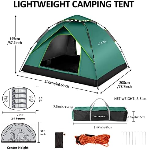 RLAIRN Изскачащи Палатки за нощуване на 4 човека, Водоустойчив, Фамилна палатка Незабавни действия с Ветрозащитными с Въжета, Сверхлегкая Затемняющая Лека палатка за къмпинг на 2/3/4 човек, Пешеходен туризъм, на открито,
