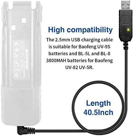 USB Кабел за зарядно устройство Baofeng 2,5 мм с Индикатор за BaoFeng UV-5R UV-82 BF-F8HP UV-82HP UV-5X3 UV-5RE 3800 mah Батерия UV-S9/9S Двустранно радио (2 опаковки)