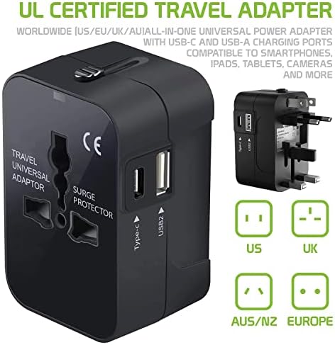 Международен захранващ адаптер USB Travel Plus, който е съвместим с Alcatel OneTouch Evolve 2 за захранване на 3 устройства по целия свят USB TypeC, USB-A за пътуване между САЩ /ЕС /AUS/NZ/UK / КН (черен)