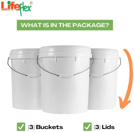 5-галлонное кофа LifeFlex с капак, трайно универсална кофа с капацитет 90 мл, хранително, не съдържа BPA. Пластмасова кофа с дръжка за външната и индустриална употреба (Цвят: бял) (3)