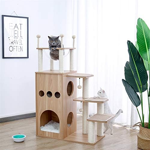 KANG-L Cat Tree Модерен Игралната къщичка за домашни любимци с кула за котки, напълно покрити с сизалем, Когтеточки, Луксозни Вили и Гнездо в Голяма космическа капсула, Доставка 3-7 дни (Сив)