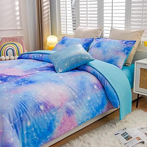 Комплект спално бельо NTBED Galaxy от Мек Микрофибър с брилянтен принтом Съзвездие, Комплекти Спално бельо за Юноши, Момчета, Момичета, Деца (Синьо, лилаво, 6 бр.)