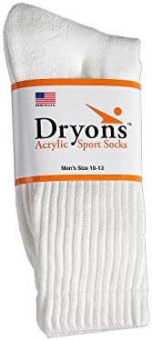 Мъжки Влагоотталкивающие Акрилни чорапи Dryons White Crew - 12 двойки - Произведено в САЩ