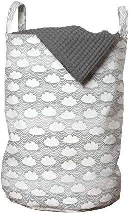 Чанта за дрехи Ambesonne Sky, Японски Минималистичен фигура под формата на вълни и Облаци Seigaiha, Плътна Илюстрация, Кошница за дрехи с дръжки, закрывающаяся на шнур, за пране, 13 x 19, светло-сиво-кафяв