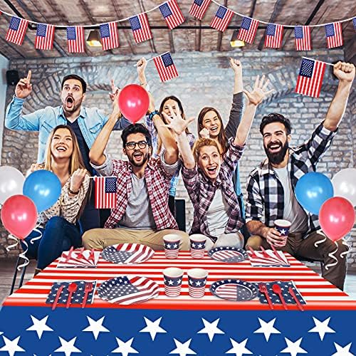 Комплект за парти Esjay 4th of July - Включва Покривки, Чинии, Салфетки, Чаши, Комплект прибори за хранене (24 порции) и малки американски флагове, Банери, балони.