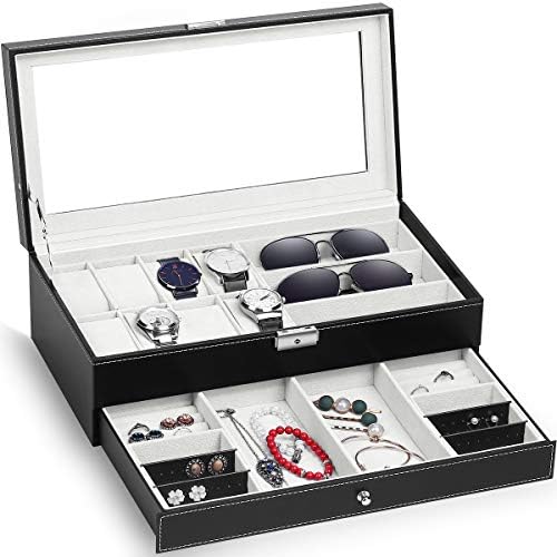 TomCare Обновена Кутия за часовници, Калъф за часа, Органайзер за бижута, Държач за бижута Кутия за съхранение на Слънчеви очила, Органайзер за съхранение на Обици, Запирающийся със стъклен капак и изкуствена кожа за