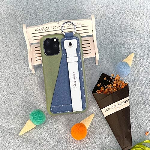 Серия каботажните Cassenger, съвместими с калъф iPhone 11 Pro Max-Кожен калъф с държач за карти и стойка за каишка за китката - Зелено / Синьо / бяла