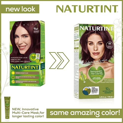 Перманентен цвят за косата Naturtint 4M Mahogany Chestnut (опаковка от 6 броя), Без амоняк, Вегетариански, без насилие, покритие до седины, траен резултат.
