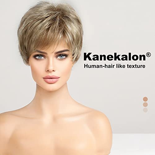 HAIRCUBE с консистенция, подобна на човешката коса, светло-кестенява смесени бели перуки с къса подстрижка Pixie за жени с бретон, синтетични сменяеми перуки