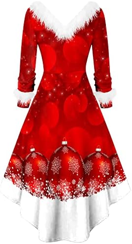 Дамски Модни Коледни Плюшена Рокля с дълги ръкави и V-Образно деколте с Неправилна Форма, Рокля-Пуловер Голям Размер