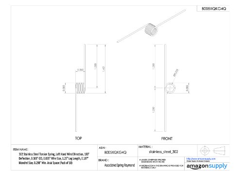 Торсионна пружина от неръждаема стомана 302, Посоката на вятъра ляво Отклонение на 180°, Външен диаметър на 0,303 инча, Размерът на тел 0,035 инча, Дължина на крака 1,25 инча, Размер дорник 0,187 инча, Мин. 0,298 инча