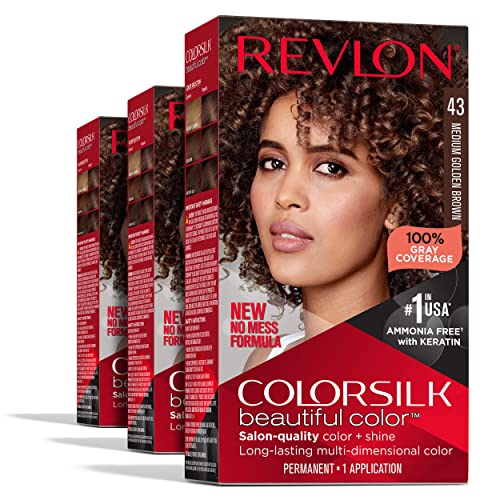 Перманентная боя за коса от Revlon, Перманентная боя за кестени коса Colorsilk със покритие седины, Без амоняк, кератин и амино киселини, Кафяви нюанси (опаковка от 3 броя)