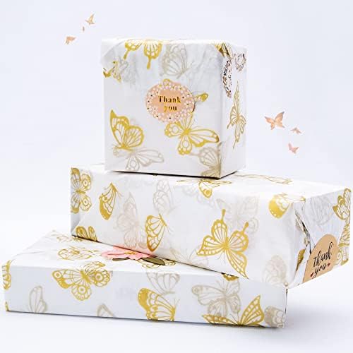 Обем Цигарена хартия MR FIVE White with Металик Gold Butterfly, 20 x 28, Дизайнерска Подвижния хартия Gold Бътерфлай за подарък пакети,Подвижния хартия за опаковане на подаръци Gold, 30 Листа