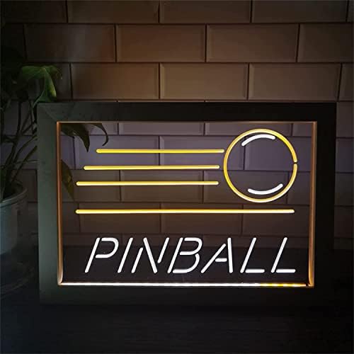 Led неонова реклама DVTEL Pinball, Индивидуален Декор за клуба, USB-Ночники, Неонови Лампи, с Дървена Рамка, Стенни Светещ Знак, 42x32 см, Ресторант, Бар, кафе-сладкарница (Цвят: Бяло-жълт)