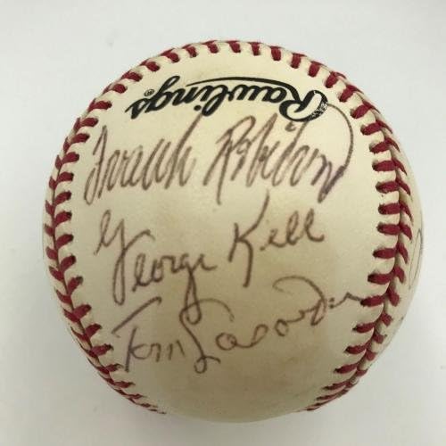 Кърби Пакетт, Йога Берра, Лу Разби от Залата на славата бейзбол с множество автографи (17) PSA - Бейзболни топки с автографи