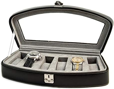 Кутии за часовници - Черен Кожен Калъф за часа със стъклен капак - Кутия за часовници - може да побере шест часа