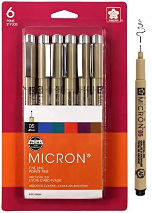 Дръжки SAKURA Pigma Micron Fineliner - Архивни Химикалки с черно и цветно мастило Химикалки за писане, рисуване или водене на дневник - Черни и цветни мастило - Размер на 05 точки - на 6 от опаковки