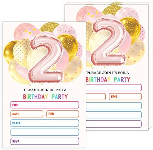 Ggjgrpx Покана карта на парти във 2-ри рожден ден, Покани Картички на парти с балони за деца, Момичета и Момчета, Честване на партита за тинейджъри, Аксесоари за партита и Украса, 20 Картички С Конвертами