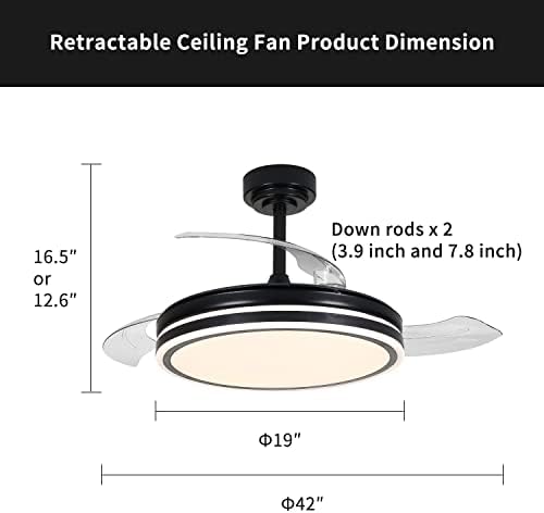 JNCNZN 42-Инчов Модерен Вентилатор на Тавана, Прибиращ се вентилатор на Тавана с Осветление, Дистанционно Управление за Спалня, Хол, 3 Сменяеми цветове, Таймер, Безшумен dc двигател, 6-степенна скоростна кутия, Led