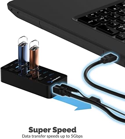 36 W 7-портов хъб USB 3.0 с отделни изходи за захранване и светодиодите Включва захранващ адаптер 36 W 12 v /3 A + Удлинительный кабел USB 3.0 от мъжете към жените [Черен] 3 метра