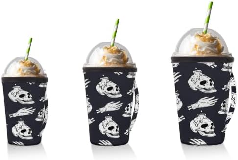 Spooky Halloween Skull 24 многократна употреба Кафе ръкав с лед с дръжка От Неопрен за Напитки, кафе лате, Чай, Напитки, Бира (Голям 30-32 унция)