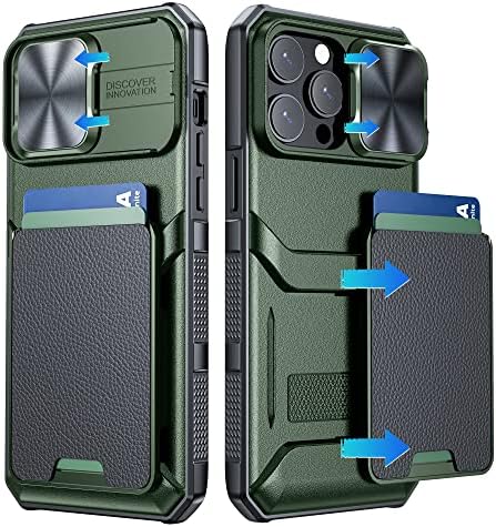 Hoerrye за iPhone 14 Pro Max Калъф-портфейл с държач за карти [Прибиращият се капак камера] [Подвижни мрежи за съхранение на 5 кредитни карти] Защитен калъф военен проба за iPhone 14 Pro Max 6,7 , зелен