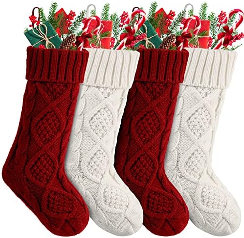 SOWSUN 4 Опаковане на Коледни Чорапи, плетени калъф за Коледни Чорапи, 18 инча, Голям Кабел, Меки и Топли Персонализирани Коледни Чорапи за декор на семейния празнични партита (Бордо и бяло, слонова кост)