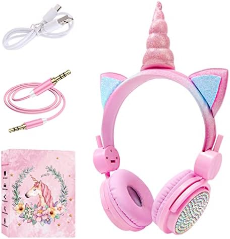 детски слушалки charlxee, безжични слушалки, с Еднорози, опаковъчна хартия Включва стикер и гривна за момичета, вграден микрофон и HD-стерео за онлайн-обучение/училища / таблет с найлонови кабел (розов)