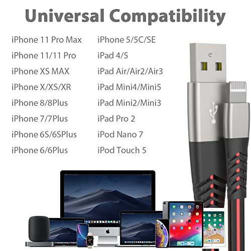 Led зарядно за iPhone, 6 фута кабел Lightning Светкавица [Сертифициран от Apple Пфи] USB кабел за бързо зареждане / синхронизация, който е съвместим с iPhone SE 11 11 Pro 11 Pro Max Xs MAX XR X 8 7 6S 6 5, iPad и други