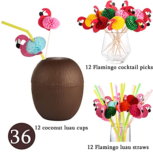 NINU 12 Опаковки от Кокосови чаши с 12 Соломинками от фламинго и 12 Парчета фламинго е за провеждане на коктейли, Тропически хавайски Luau-Тики и Декорации за плажни партита за деца и възрастни