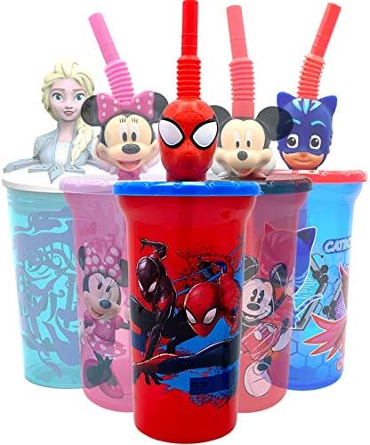Чаша за вода Marvel Super Hero Spiderman със сламен прибори и съдове във формата на главата 3D герой - Безопасни бутилки без Бисфенол А, лесно миещи се, идеални подаръци за деца, момчета, момичета, малки деца, за домашни