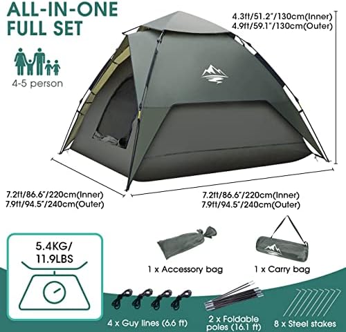 Instant Изскачащи Палатки за къмпинг, Водоустойчив Палатка за къмпинг, за 4-5 души, с инсталирането на подслон за около 30 секунди, Семейна Куполна Instant палатка с чанта за носене за катерене, пътуване, туризъм, пикник