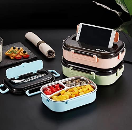 Кутия за закуска Bento Запечатани, голям капацитет, с кабинета, Обяд-кутия от неръждаема стомана с прибори за хранене (зелена) 27,5 x 20,5 x 7,5 SL-SL08