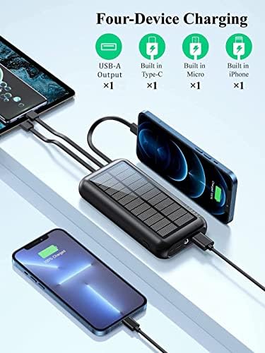 Захранване-Слънчево-Преносимо Зарядно устройство - 40000mAh захранване с голям капацитет, вграден в 3 дни и 1 вход за кабели и фенерче 5V3.1A Бързо зареждане, съвместим с всички телефони и USB устройства (черен)