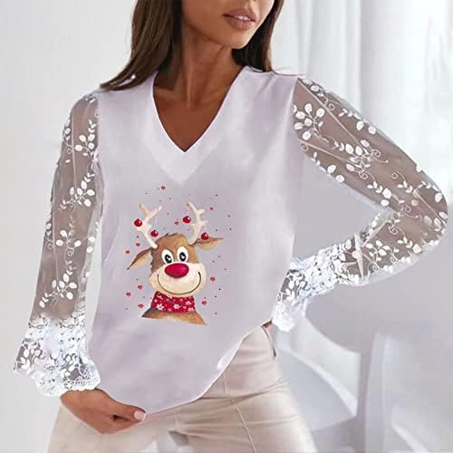 Дамски Лейси Тениска с V Образно деколте и Дълъг Ръкав, Коледен Пуловер с Цветен Блок с Елени, Блузи, Модни Забавна Празнична Hoody