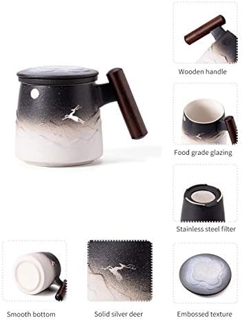 Керамични Чаена чаша TANG ПИН Moon Deer с приготвяне на чай и капак, Кафеена чаша с Цедка и дървена дръжка 14.5 унция (Черно и синьо)