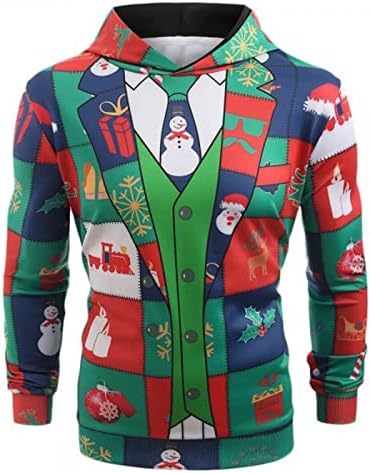 GILIGEGE Есенна Блуза с най-високо ръкав, Коледни Тънки Пуловери, Мъжки Ежедневни Дълги блузи с качулка и принтом (Зелен, XL)