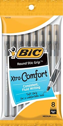 Химикалка химикалка BIC Round Stic Grip Xtra Comfort, Средна точка (1,2 мм), Черна, 8 броя