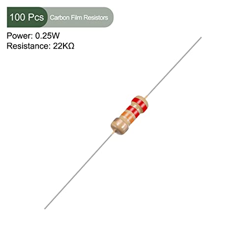 YOKIVE 100 бр. резистори от въглеродна филм, резистор с толерантността на 1/4 W 22 Ω 5%, подходящи за електронни проекти Направи си сам (4 цветови диапазон, 1,77x0,09 инча)