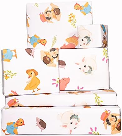 ЦЕНТРАЛНА 23 - Амбалажна хартия със Слонове и Зайци - 6 листа за опаковане на подаръци за бебета - Детски душ - Богоявление - Кръщенета - Звезди - Заек - Бъни - Произведено в англия.